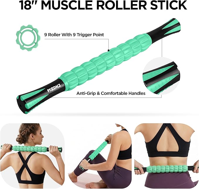 Muscle Roller & Massage Roller Stick for Athletes - Lymphatic Drainage Support, Relieves Muscle Soreness, Cramping & Tightness - Targets Legs, Arms, Back & Calves （Mint Green - 18inch） - Bloomnest