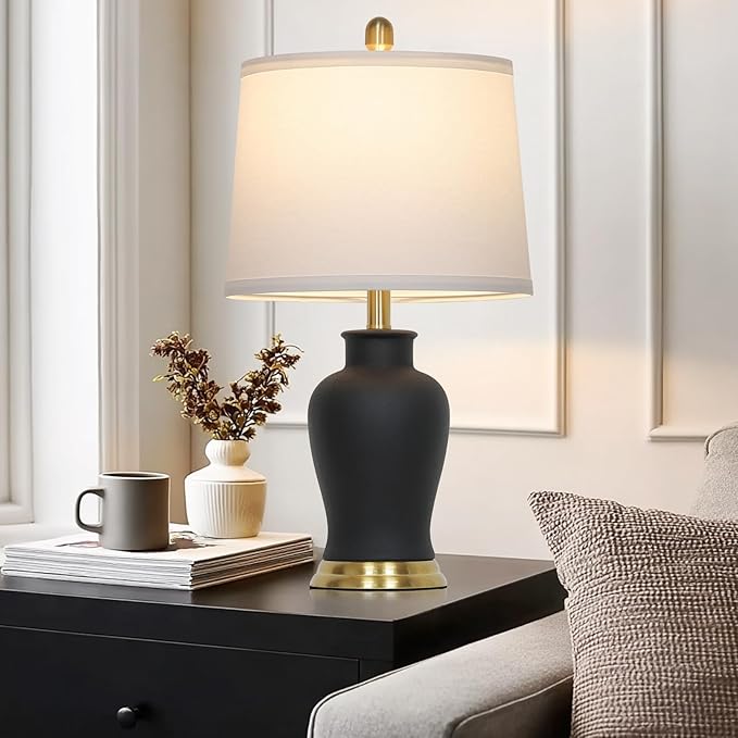 23" Modern Black Ceramic Table Lamps Set of 2, Farmhouse Table Lamps for Living Room, Classic Bedside Lamp with Ginger Jar Design, Elegant Bedroom Lamp for Night stand Desk Side End Table Home Decor - Bloomnest