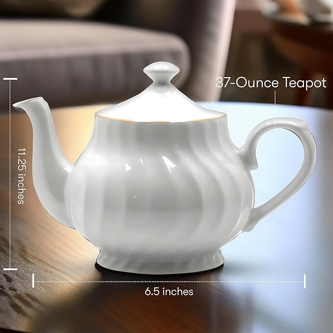 Lynns Porcelain Vintage Teapot with Embossed Swirls 37oz Tea Pot Classic White Tea Set for Parties & Celebrations Ideal Teapot for Tea Cups & Saucers Perfect for Tea Parties - Imperial Gold