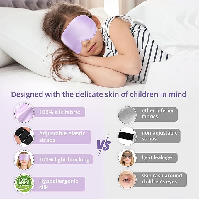 Kids Sleep Mask Eye Cover, 100% Real Natural Pure Silk Eye Mask with Adjustable Strap, Blindfold Kids Eye Mask for Sleeping, Eye Shade for Boys Girls and Adult, Pressure-Free Comfort (Purple) - Bloomnest