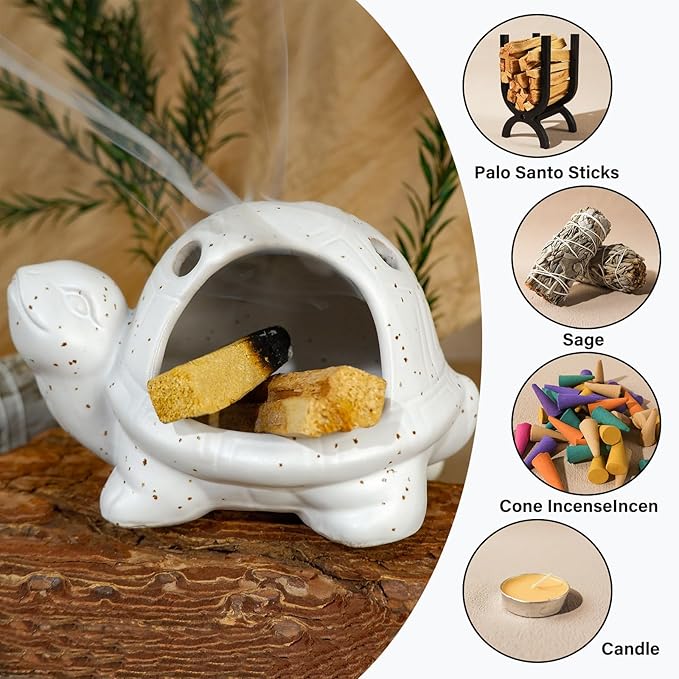 Handcrafted White Ceramic Turtle Palo Santo Holder, Sage, Cone Incense and Copal Burner Holder | Ideal for Meditation, Yoga, Aromatherapy & Altar Spaces | Zen-Inspired Home Decor Gift MOUGIGI