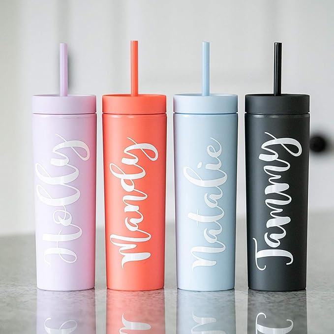 STRATA CUPS Multicolor Skinny Tumblers with Lids and Straws (12 pack) - 16oz Double Wall Acrylic Tumbler, Tall Matte Skinny Tumblers, Bulk with Free Straw Cleaner, Reusable Cups - Bloomnest