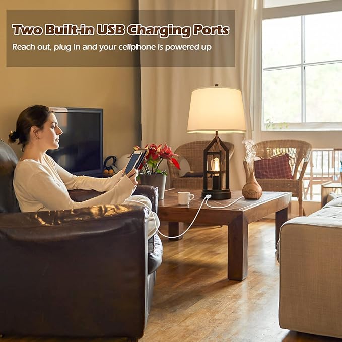 BesLowe 2-Light Farmhouse Touch Table Lamps, 3-Way Dimmable Bedside Lamps with 2 USB Ports for Bedroom, Rustic End Table Lamps for Living Room with White Shades, 4 LED Bulbs Included, Set of 2 - Bloomnest