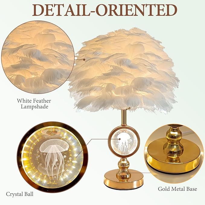 Chic White Feather Lamp Decoration Fluffy Table Lamp Creative Princess Goose Feather Desk Lamp Teen Girl Wedding Bedroom Romantic Bedside Nightstanding Light - Bloomnest