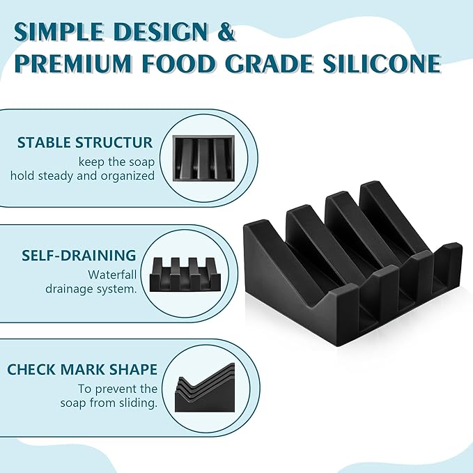 Self Draining Soap Dish Holder,Silicone Soap Dish,for Bathroom,Kitchen, Sponges，Can Extend Soap Life，Keep Soap Bars Dry and Easy Cleaning (Black,3-Pack) - Bloomnest