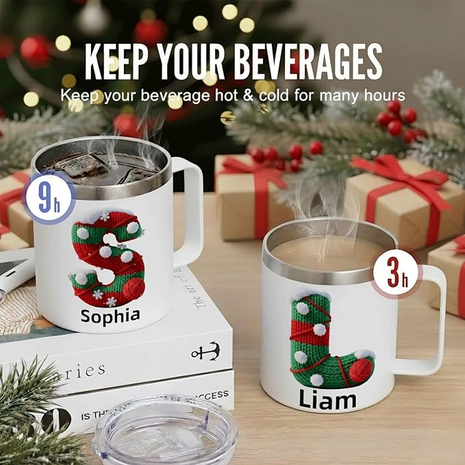 Personalized Christmas Mug | Custom Knitted Stocking Initial Insulated Coffee Cup with Handle & Lid | 12oz Cozy Holiday Tumbler, Unique Stocking Stuffer Gift(B11) - Bloomnest