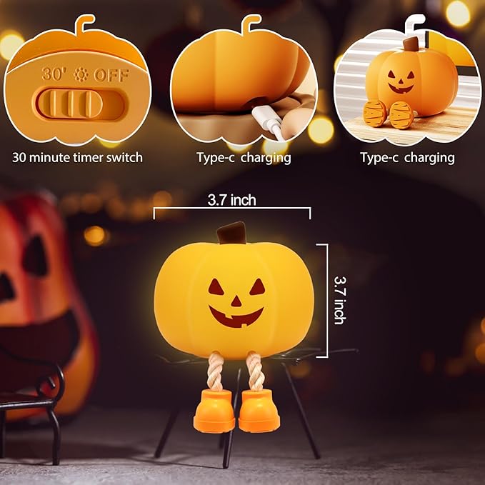 Pumpkin Night Light for Kids Cute Jack O Lantern Halloween Decor Nightlight for Baby Nursery Toddler Squishy Pumpkin Lights Cordless Rechargeable Dimmable Silicone Bedside Lamp Halloween Gifts - Bloomnest