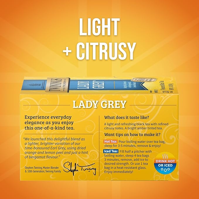 Twinings Lady Grey Black Tea Individually Wrapped Bags, 20 Count (Pack of 6), Orange & Lemon Peel with a Hint of Bergamot, Caffeinated, Enjoy Hot or Iced, 120 Teabags - Bloomnest