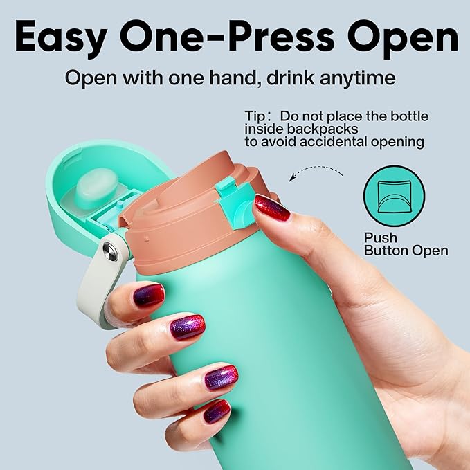 Insulated Water Bottle with Straw - Encool Stainless Steel Water Bottle with Push Button Lid, Leak-Proof & BPA-Free, Keeps Cold for 24 Hours for Sports, Travel, Gym (32 oz, Turquoise) ENCOOL