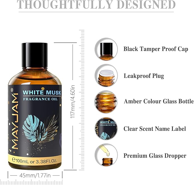 MAYJAM 100ML/3.38FL.OZ White Musk Fragrance Oils with Glass Dropper, Essential Oils for Diffusers for Home, Long Lasting Scented Oils for Diffusers Soap Candle Making - Bloomnest