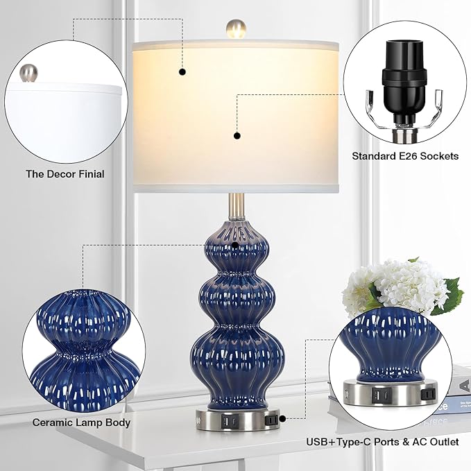 26" Blue Table Lamp Set of 2 with USB A+C Ports & AC Outlet, Ceramic Table Lamps Classic Beside Lamps Nightstand Lamp Modern Table Lamp for Living Room,LED Bulbs Included - Bloomnest