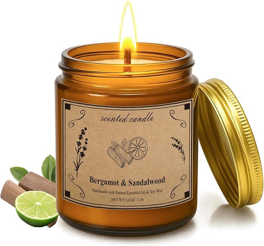 Scented Candles, 16oz Large Jar Soy Wax Candle – Bergamot & Sandalwood with Premium Plant Wax Blend for Consistent Burn, Aromatherapy Candle for Home Scented, Relaxation and Gift for Women/Men - Bloomnest
