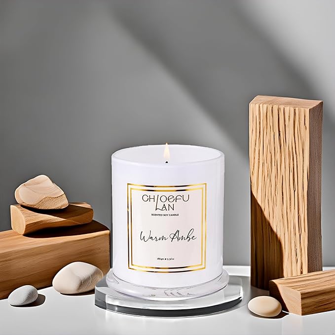 Chloefu LAN Warm Amber Candle, Scented Candles Gifts for Women & Men, Amber Oil, Cotton Wick, Natural Soy Wax for Clean Burning, Luxury Home Decor, Non-Toxic, Glass Jar Candle, 70 Hour Burn, 10 oz - Bloomnest