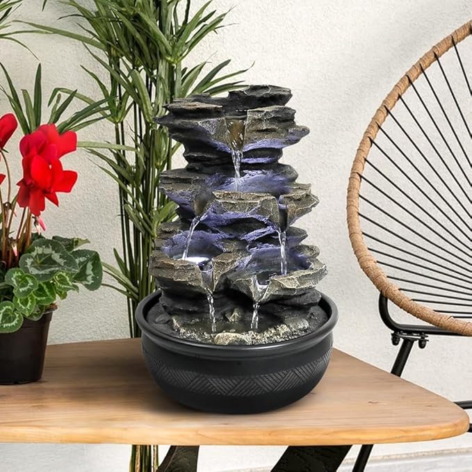 15.7” High Rock Falls Tabletop Water Fountain with LED Lights - Indoor 5-Tier Cascading Fountain for Home and Office Decor (Gray_3, 15.7" high) - Bloomnest