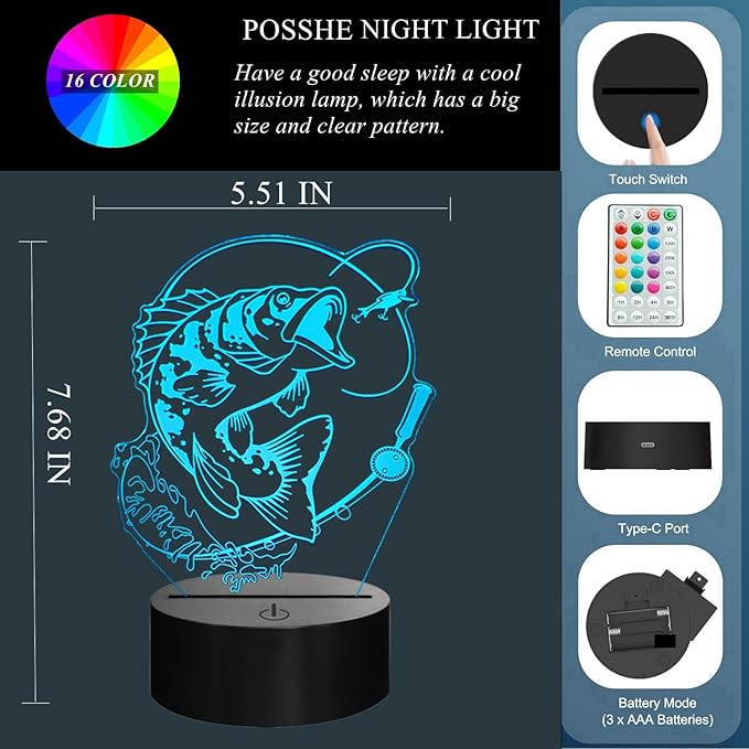 Fish Night Light, Fish 3D Illusion Lamp, Go Fishing Man Gifts with 16 Colors Changing, Timer, 4 Flash Modes and Dimmable, Kids Room Decoration, Xmas Fishing Gifts - Bloomnest