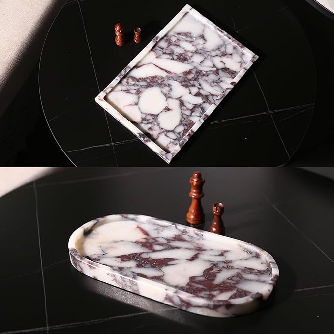 Real Luxurious Natural Marble Vanity Tray Genuine Marble Storage Tray for Home Decor Stone Tray for Bathroom/Kitchen/Vanity/Dresser Non-Resin/Non-Ceramic/Viola Oval Set - Bloomnest