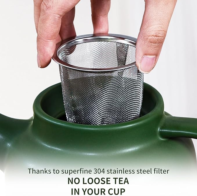 Yundu 1500ml / 50 oz Ceramic Teapot with Infuser & Wood Lid - Matte Green, Loose Leaf Tea Pot with Removable Strainer, Large Capacity - Bloomnest
