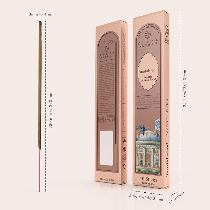 Incense Sticks, Sandalwood Incense, Made with Natural Ingredients, Hand Rolled Aromatic Masala, 40 Stick Pack, 45-60 Minute Burn Time, Best for Home Fragrance, Meditation, Yoga, Spiritual Healing KARMAPLEDGE