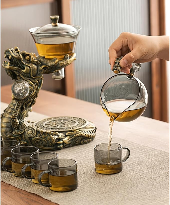 Dragon Lazy Tea Set, Semi Automatic Dragon Tea Set, Glass Magnetic Teapot Set with Infuser, Semi Automatic Tea Drip Pot Set for father's birthday, Christmas gift