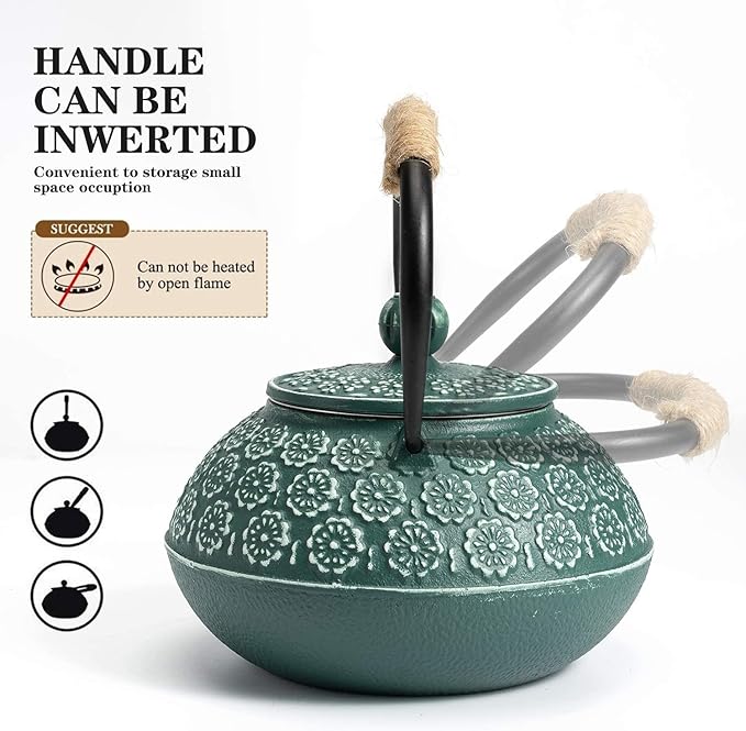 Sotya Cast Iron Teapot, 40oz/1200ml Japanese Tetsubin Tea Pot with Infuser for Loose Leaf and Tea Bags, Tea Kettle Coated with Enameled Interior for Stove Top, Dark Green - Bloomnest