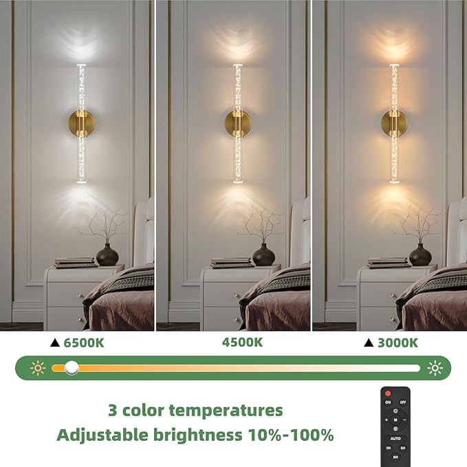 Battery Operated Wall Sconces Set of Two, Gold 20'' Rechargeable Crystal Bubble Wall Sconce with Remote Control, 3000K-6000K Dimmable LED Wireless Wall Lights for Living Room Bedroom Bathroom Hallway - Bloomnest