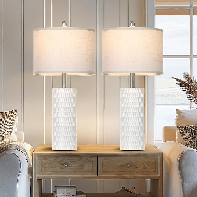 27" Ceramic Table Lamp, Farmhouse Table Lamp for Living Room, White Lamp for Bedroom, Night Stand, Modern Bedside Lamp Set of 2, End Table Lamps, White(2 Bulbs Included) - Bloomnest