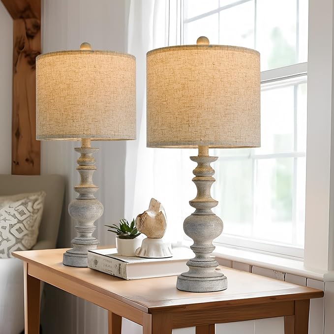 BOBOMOMO 24" Farmhouse Retro Table Lamp Set of 2, Traditional Resin Lamps for Living Room Bedroom, Vintage Bedroom Lamps with Linen Shades, Rustic Table Lamps for Living Room, Nursery, Office - Bloomnest