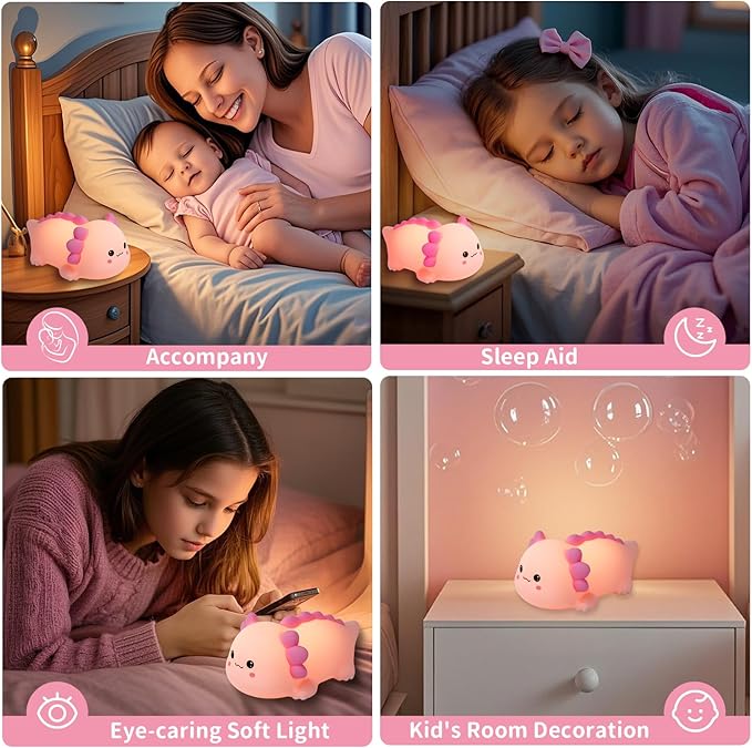 Axolotl Silicone Nursery Night Light, Dimmable LED Animal Lamp with Timer,Cute Gifts Rechargeable Bedroom Bedside Lamp with Touch Sensor Toy for Kids (Axolotl B) - Bloomnest