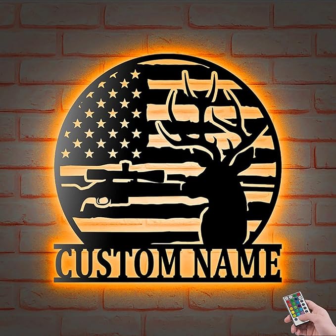 Lovely POD Personalized Hunting Metal sign, Hunting Art, Custom US Skull Deer Hunter Metal Wall Art With Led Lights, Personalized Hunting Name Metal Wall Decor, Hunting Decoration Hanging for Home - Bloomnest