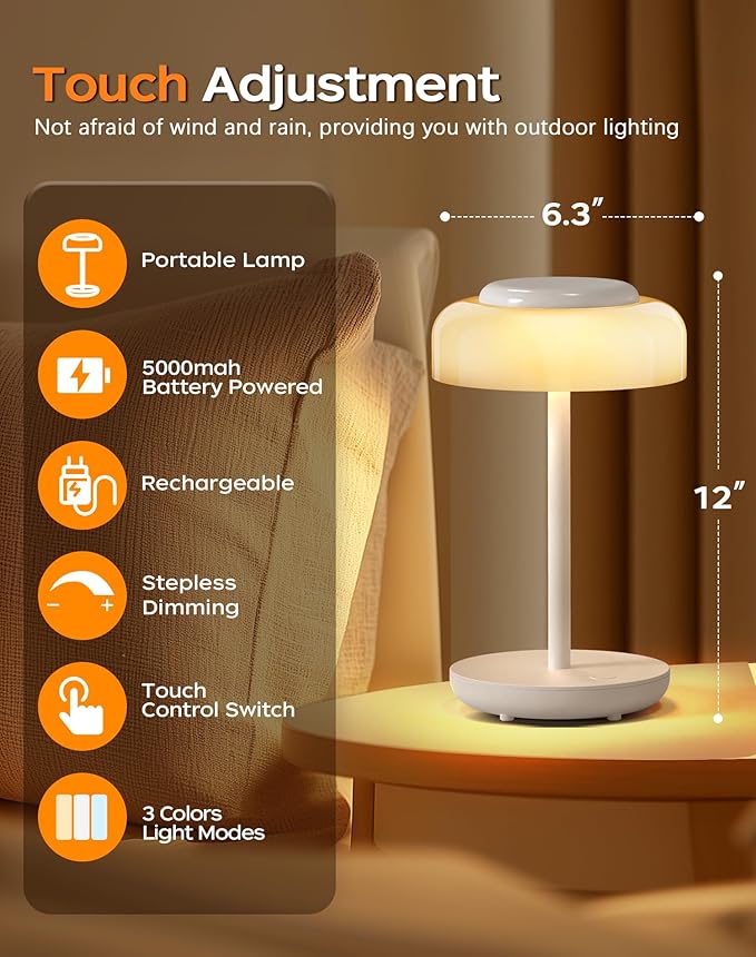 QiMH Battery Operated LED Table Lamp, 5000mAh Rechargeable Cordless Lamp Set of 2, Stepless Dimmable Touch Control, Small Waterproof Desk Night Light for Living Room, Bedroom, Outdoor Bar (White) - Bloomnest
