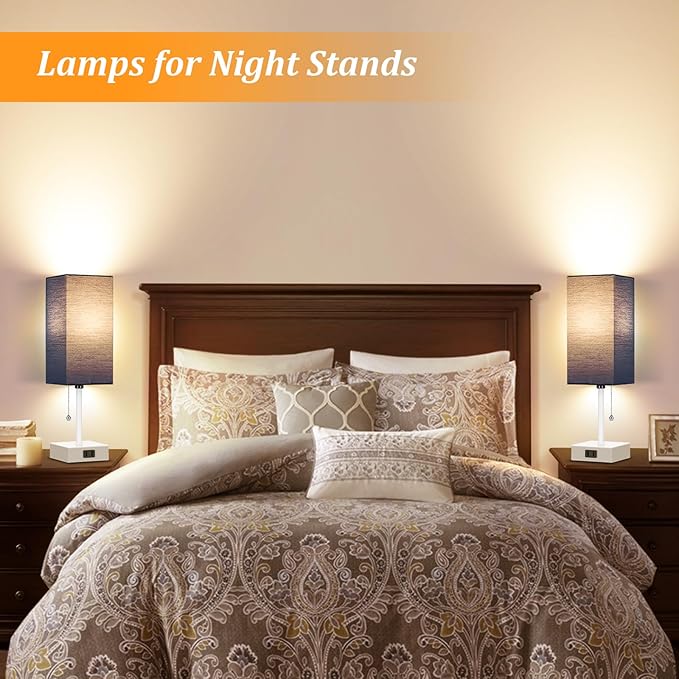 Table Lamp for Bedroom set of 2,3-Color Bedside Lamps with Pull Chain Table Lamps for Nightstand with AC Outlets,Small Night Light Lamps with 2 Bulbs Lamps for Living Room Kids Room Office Decor（Blue） - Bloomnest