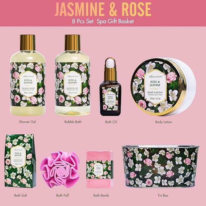 Gift Basket for Women - 8 Pc Rose & Jasmine Beauty & Personal Care Set - Home Bath Pampering Package for Relaxing - Spa Self Care Kit - Thank You, Birthday, Mom, Anniversary, Christmas Gift - Bloomnest