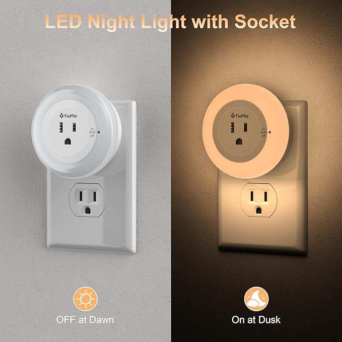 YiaMia Night Lights Plug Into Wall, Dusk to Dawn Sensor Night Light with Outlet, Warm Light Dimmable Nightlights–5-25 Lumens, Auto On/Off, Perfect for Bedroom, Hallway, Living Room & Kitchen,2Pack - Bloomnest