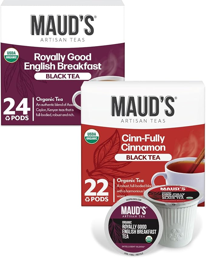 Maud's Organic Cinnamon Black Tea & Organic English Breakfast Black Tea Pods Bundle, 46 ct, Recyclable Single Serve Tea Pods – 100% Gourmet Blended Tea Leaves, Compatible with Keurig K Cups Maker - Bloomnest