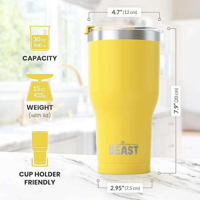 Beast 30 oz Tumbler Stainless Steel Vacuum Insulated Coffee Ice Cup Double Wall Travel Flask (Lemon) - Bloomnest