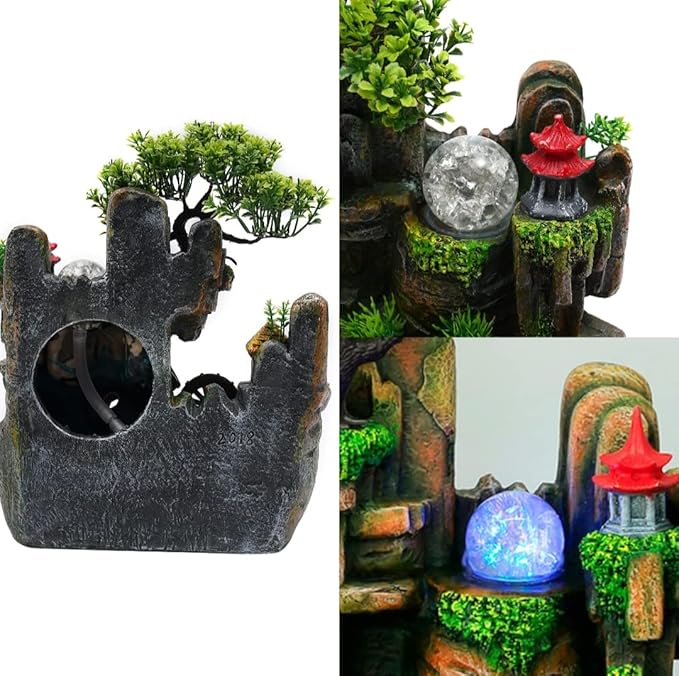 15" LED Desktop Fountain Waterfall Decor, Atomizing Desktop Humidifier w/LED Lights & Atomizer for Office Home Desk Decoration Gift Zen Meditation Resin Rockery Water Fountain Bonsai Bedroom Relax - Bloomnest