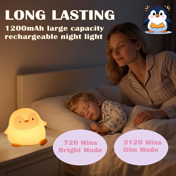 Penguin Night Light with Squishy Soft Silicone, RGB Flashing Color, Dimmable Rechargeable Portable Touch Penguin Gifts Decor for Girls Boys - Bloomnest