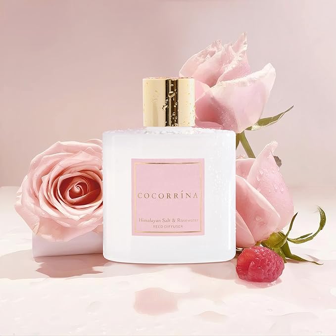 COCORRÍNA Reed Diffuser - Himalayan Salt & Rosewater 6.7 Fl.oz Reed Diffuser Set with Sticks & Preserved Baby's Breath, Reed Diffuser for Home Bathroom Shelf Decor - Bloomnest