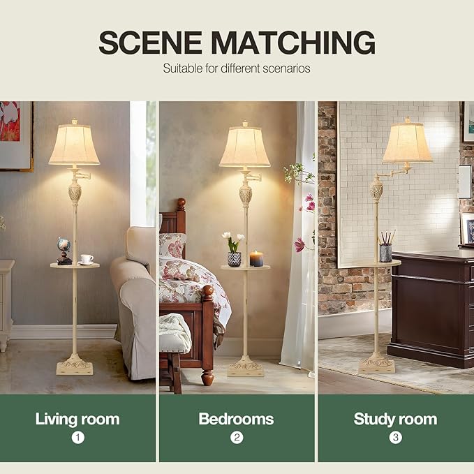 Traditional LED Floor Lamp with 350° Adjustable Swing Arm Lamp – Vintage Standing Pole lamp for Living Room, Bedroom and Office – Rustic Upright Floor Light for Home Décor with Silk Fabric Shade - Bloomnest