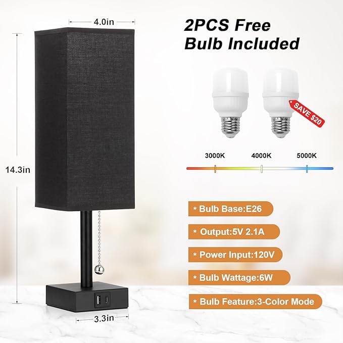 Bedside Table Lamps Set of 2 - Black Bedroom Lamps with 3 Color Temperatures (3000K/5000K/4000K), Two Square Nightstand Lamps with USB C + A Charging Ports, Pull Chain Small Night Light for End Table - Bloomnest
