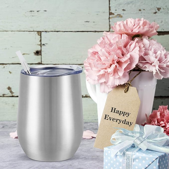 6 Pack Stainless Steel Wine Tumblers, 12Oz Insulated Wine Tumbler, Double Wall Insulated Wine Glass, Stainless Steel Stemless Wine Cups with Lids for Coffee, Wine, Cocktails, Champaign, Silver - Bloomnest