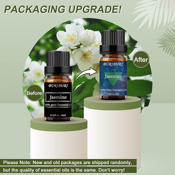 BURIBURI Jasmine Oil and Gardenia Essential Oils Gift Set, 100% Pure, Undiluted, Natural, Organic Aromatherapy Jasmine Essential Oils for Diffuser, Massage, 10MLx2 BURIBURI