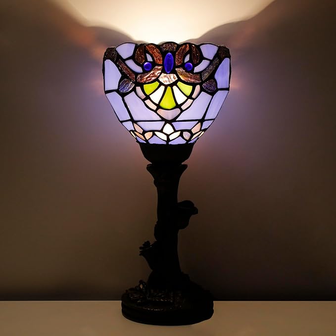 Small Tiffany Lamp Stained Glass Table Lamp Desk Uplight 6X6X13.5 Inch for Bedroom Bedside Office (Blue Baroque) - Bloomnest