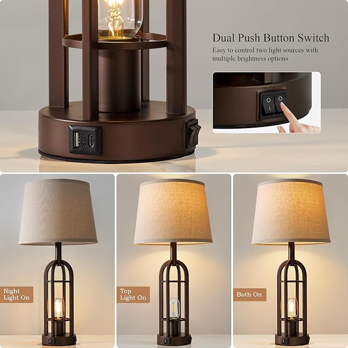 Table Lamps for Living Room End Table Set of 2 - Farmhouse Industrial Bedside Lamps for Bedroom Nightstand with Nightlight and USB A+C, 4 Bulbs Included - Bloomnest