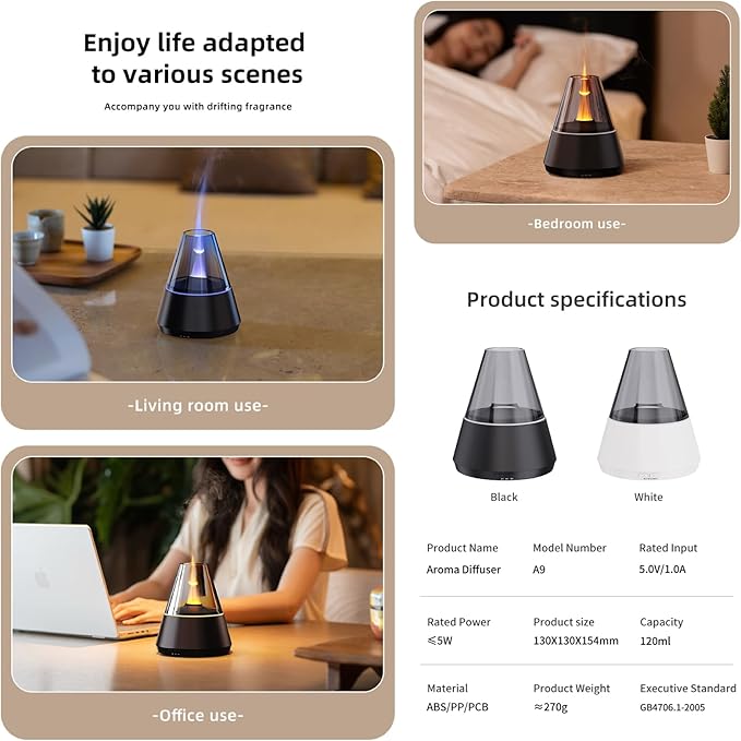 Ultrasonic Aroma Diffuser with Simulated Flame, 150ml, Timer and Auto-Off, LED Ambient Light (White) - Bloomnest