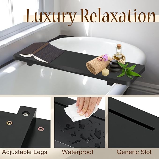 Stylish Black Bamboo Bathtub Tray Caddy with Adjustable Legs, Minimalistic Design Bath Tray for Tub, Bathtub Accessories, Fits Most Free Standing Bath Tubs, Idea for Women - Bloomnest
