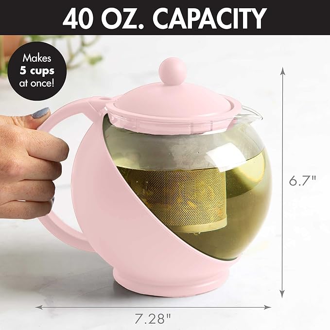 Primula Half Moon Teapot with Removable Infuser, Glass Tea Maker with Reusable Fine Mesh Stainless Steel Filter, Dishwasher Safe, 40-Ounce, Pink