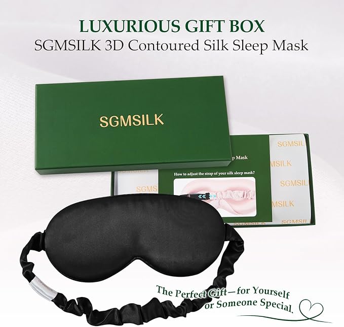 100% Mulberry Silk Sleep Mask for Unisex, 22 Momme 3D Silk Contoured Eye Mask, Breathable Light Blocking Blindfold with Adjustable Strap, Blackout Eye Cover for Travel, Black - Bloomnest