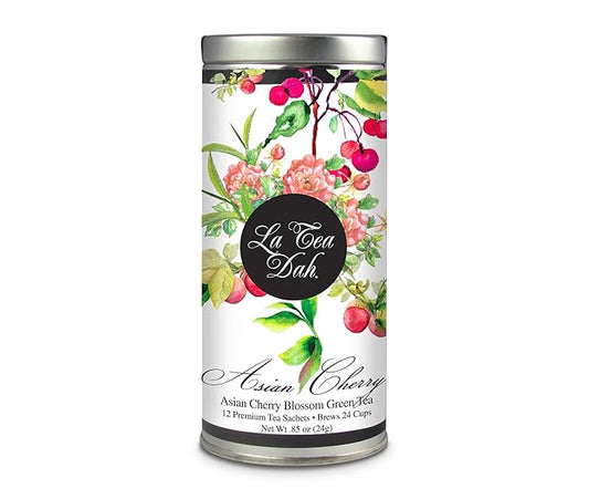 Cherry Blossom Green Tea by La Tea Dah, Lightly Caffeinated Sencha Green Tea Bags Flavored with Natural Cherry and Rose Petals, Fancy Cherry Tea Packaged for Gifting (12 Sachets)