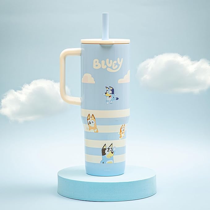 Zak Designs Bluey Sutton Travel Tumbler for On the Go, 30oz Stainless Steel with Vacuum Insulation, Silicone Straw, and Carry Handle for Cold Drinks (Bluey, Bingo, Bandit, Chilli) - Bloomnest